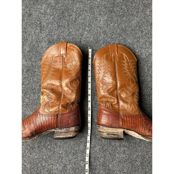 Mens Leather Nocona Brown Lizard Print Cowboy Boots 29060 USA 1970s, Size 9.5E